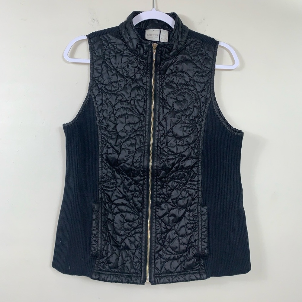 Chico’s Collection Quilt Fabric Vest Mix Black Ribbed Zip Up, Pockets -Medium